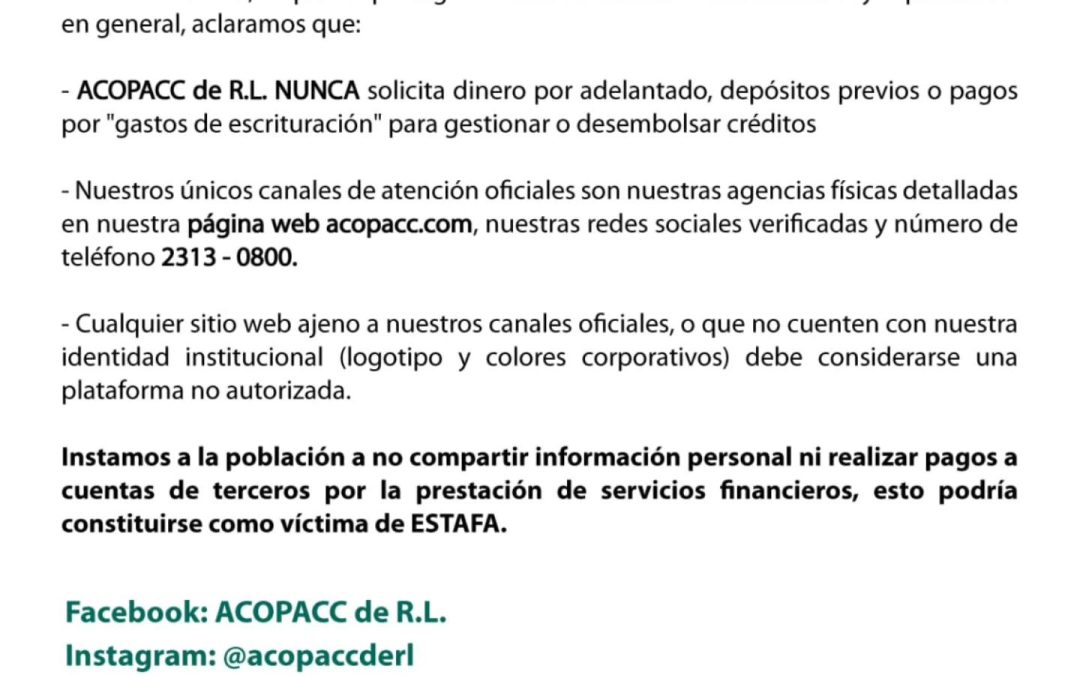 AVISO IMPORTANTE A NUESTROS ASOCIADOS Y PÚBLICO EN GENERAL